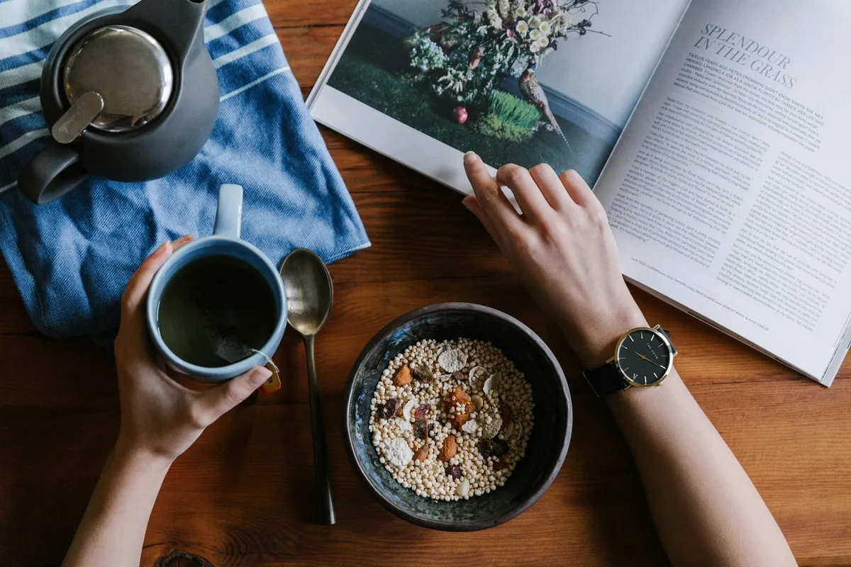 Calm morning wellness routine with natural botanical elements and soft light